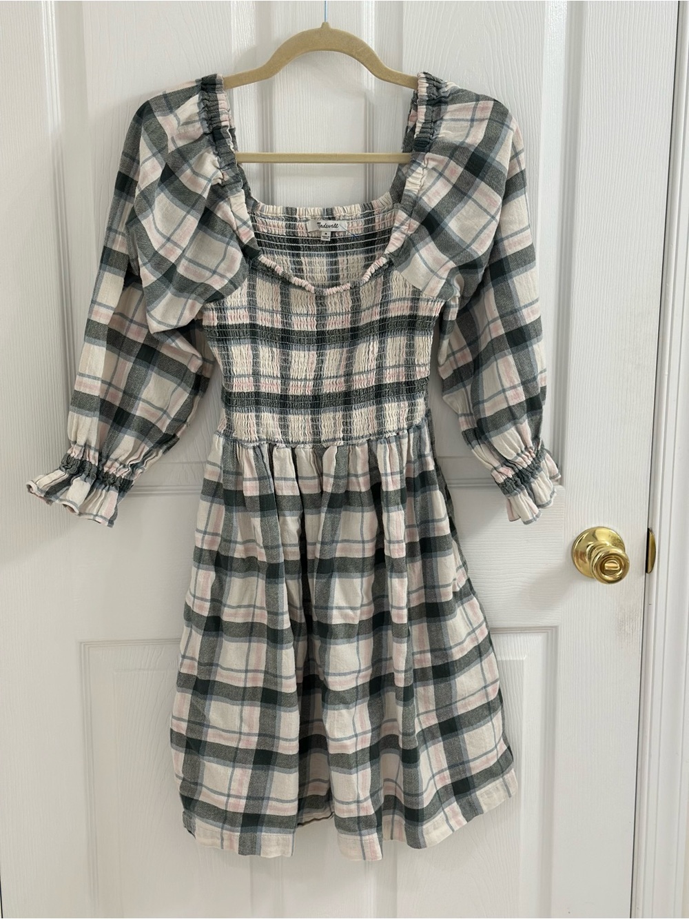 Madewell Plaid Smocked Square-Neck Mini Dress in Cream, Gray & Blush